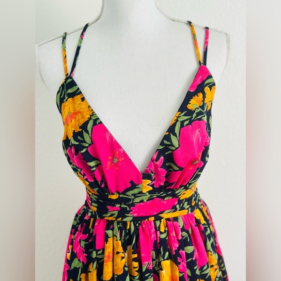 Lulu's Navy Neon Floral Print Sleeveless Strappy Maxi Dress Size Small - Picture 8 of 14